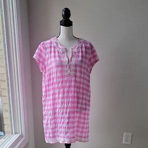 J. McLaughlin Rhett Pink‎ White Gingham Cap Sleeves Women Size Medium Dress